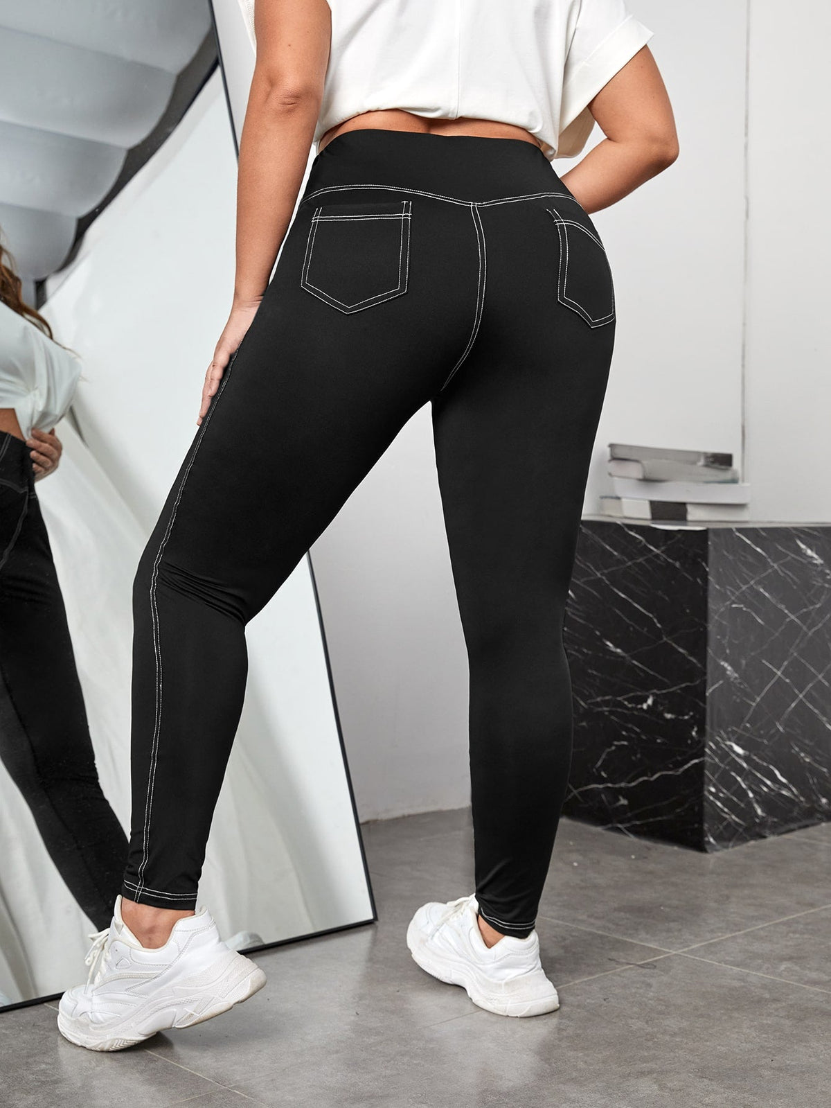 taglie forti Leggings vita alta impunture