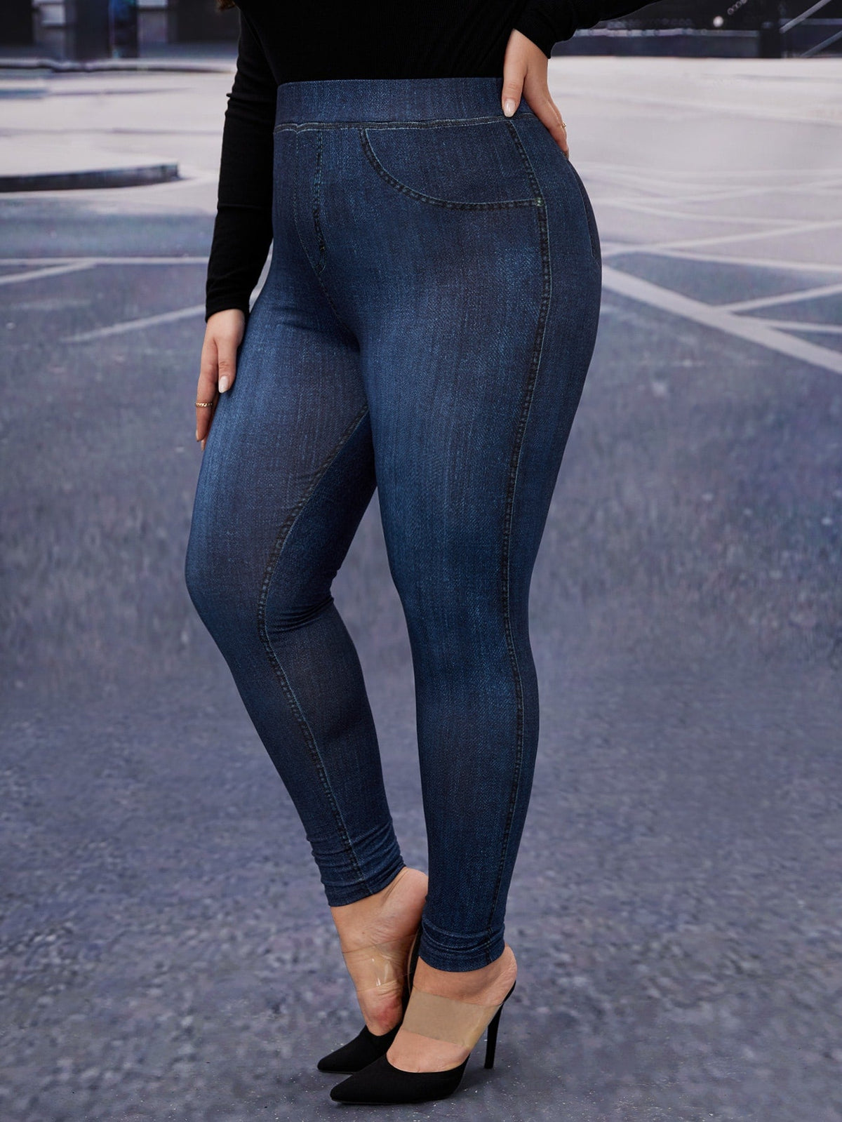 Jeggings a stampa effetto denim con vita alta Plus