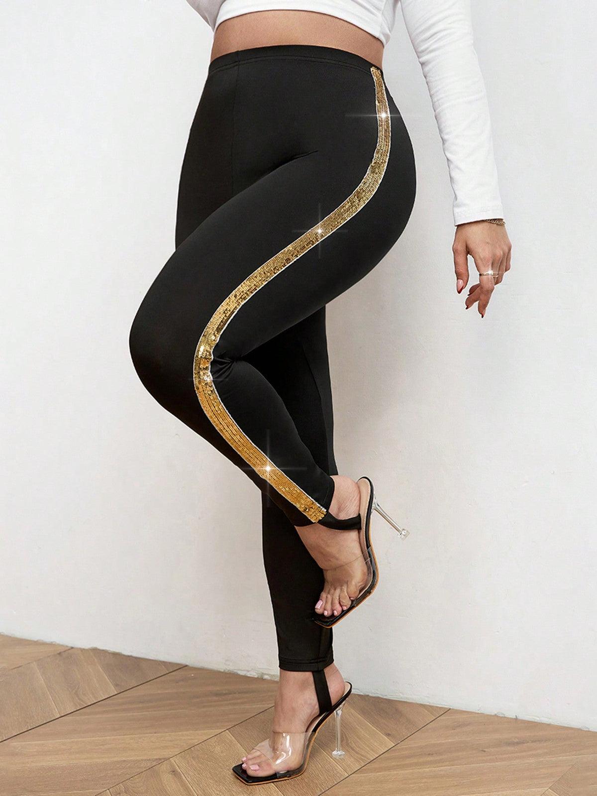 Leggings Con Fascia In Vita Intrecciata, Dettagli Laterali Cuciti, Brillantini E Paillettes, Aderenti E Con Alta Elasticitˆ, Per Donne Taglie Forti Eleganti