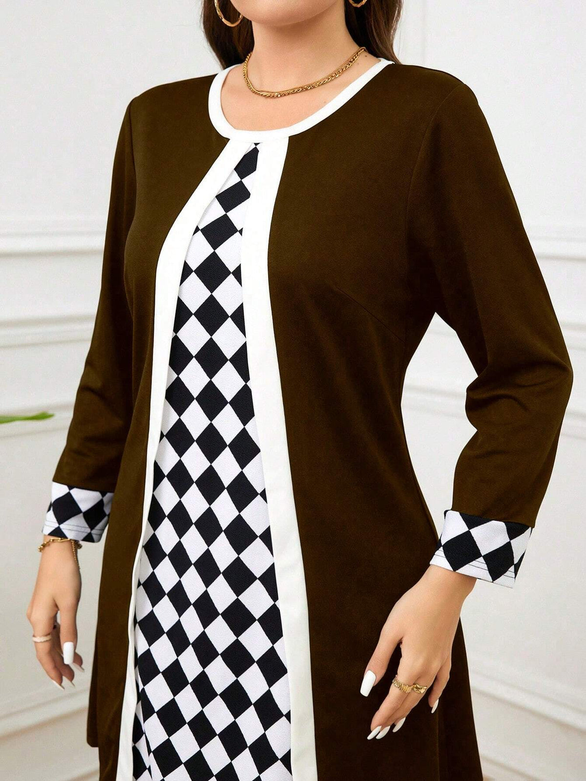 Abito lungo casual a patchwork con stampa a diamanti, taglia comode, per l'autunno