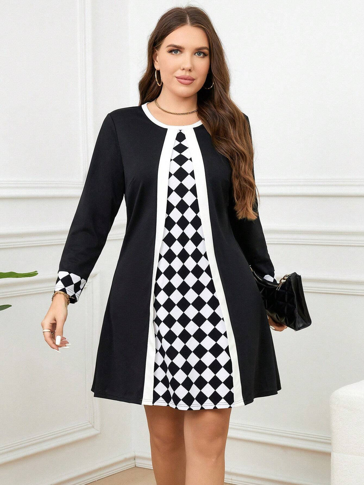 Abito lungo casual a patchwork con stampa a diamanti, taglia comode, per l'autunno