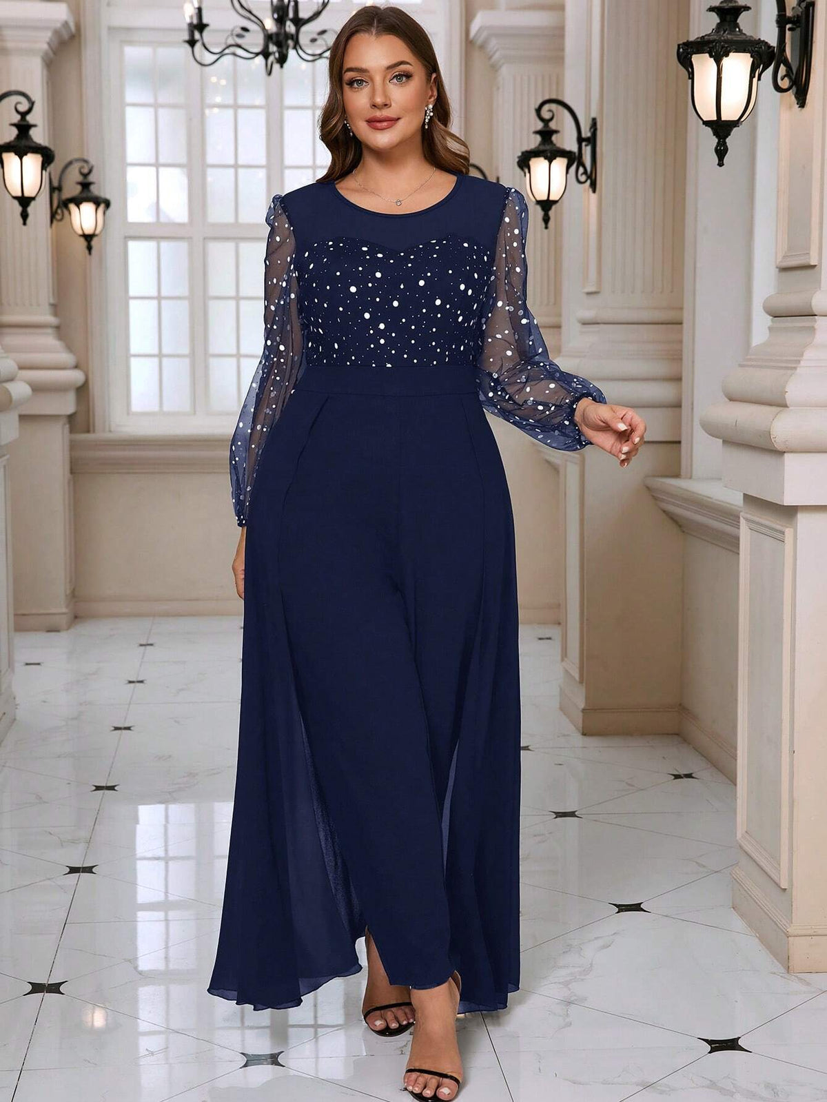 Taglia comoda Elegante tuta donna in maglia con maniche a palloncino e collo rotondo, 2 in 1 abbigliamento elegante da donna