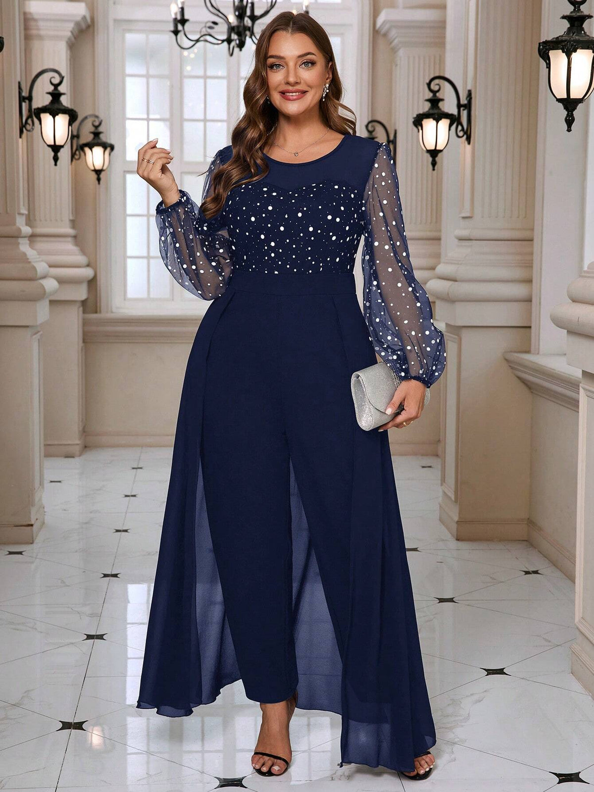 Taglia comoda Elegante tuta donna in maglia con maniche a palloncino e collo rotondo, 2 in 1 abbigliamento elegante da donna
