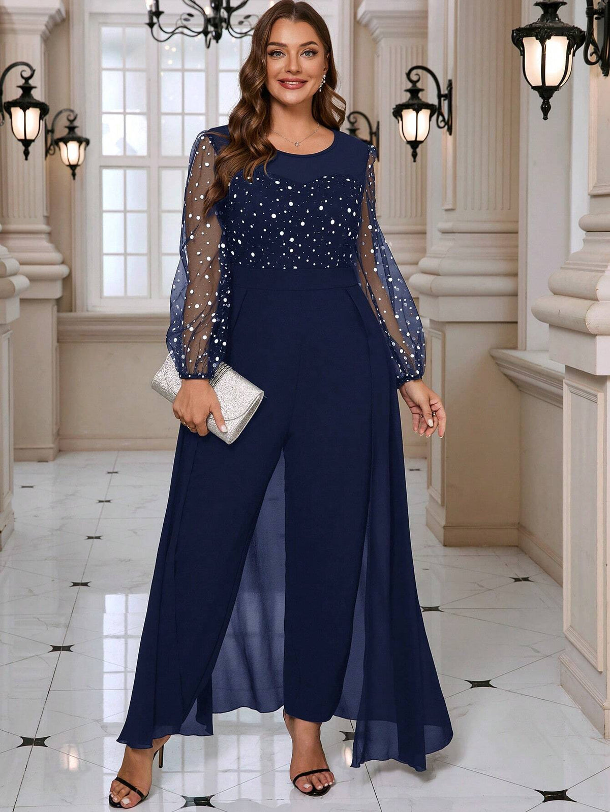 Taglia comoda Elegante tuta donna in maglia con maniche a palloncino e collo rotondo, 2 in 1 abbigliamento elegante da donna