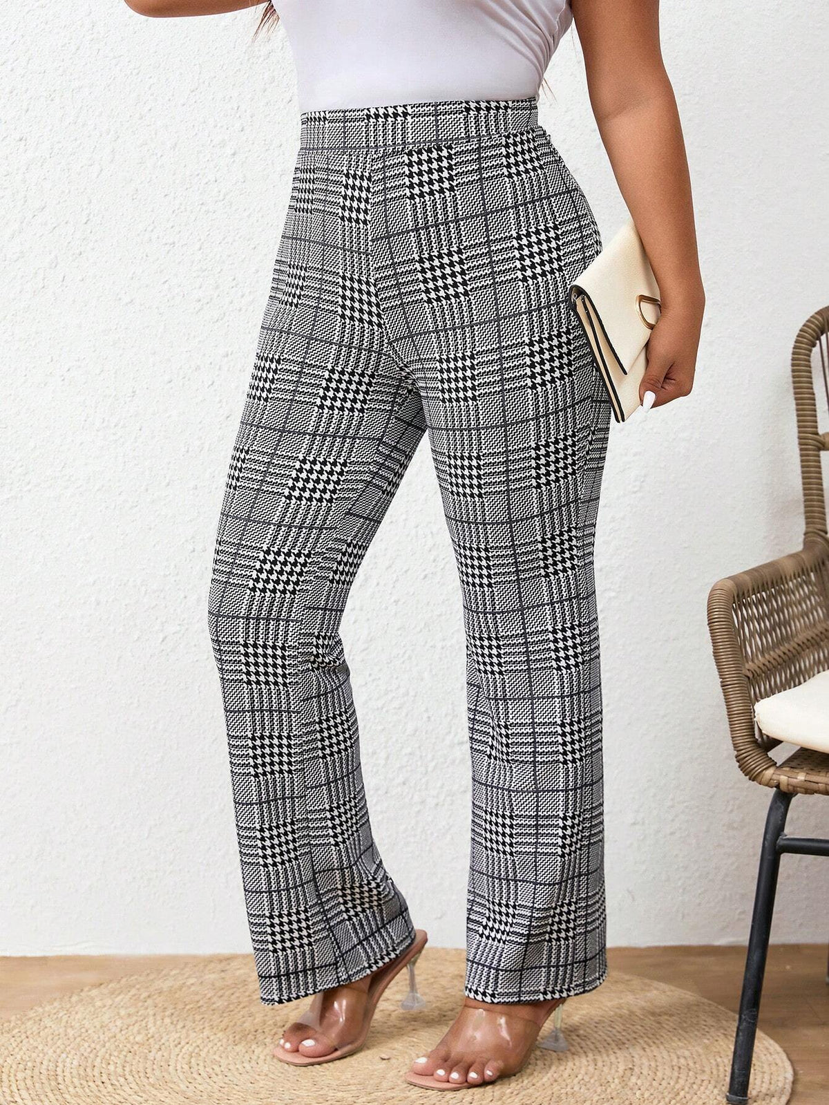 Pantaloni lunghi a quadretti eleganti a vita alta con leggera svasatura, slim fit e taglie comode