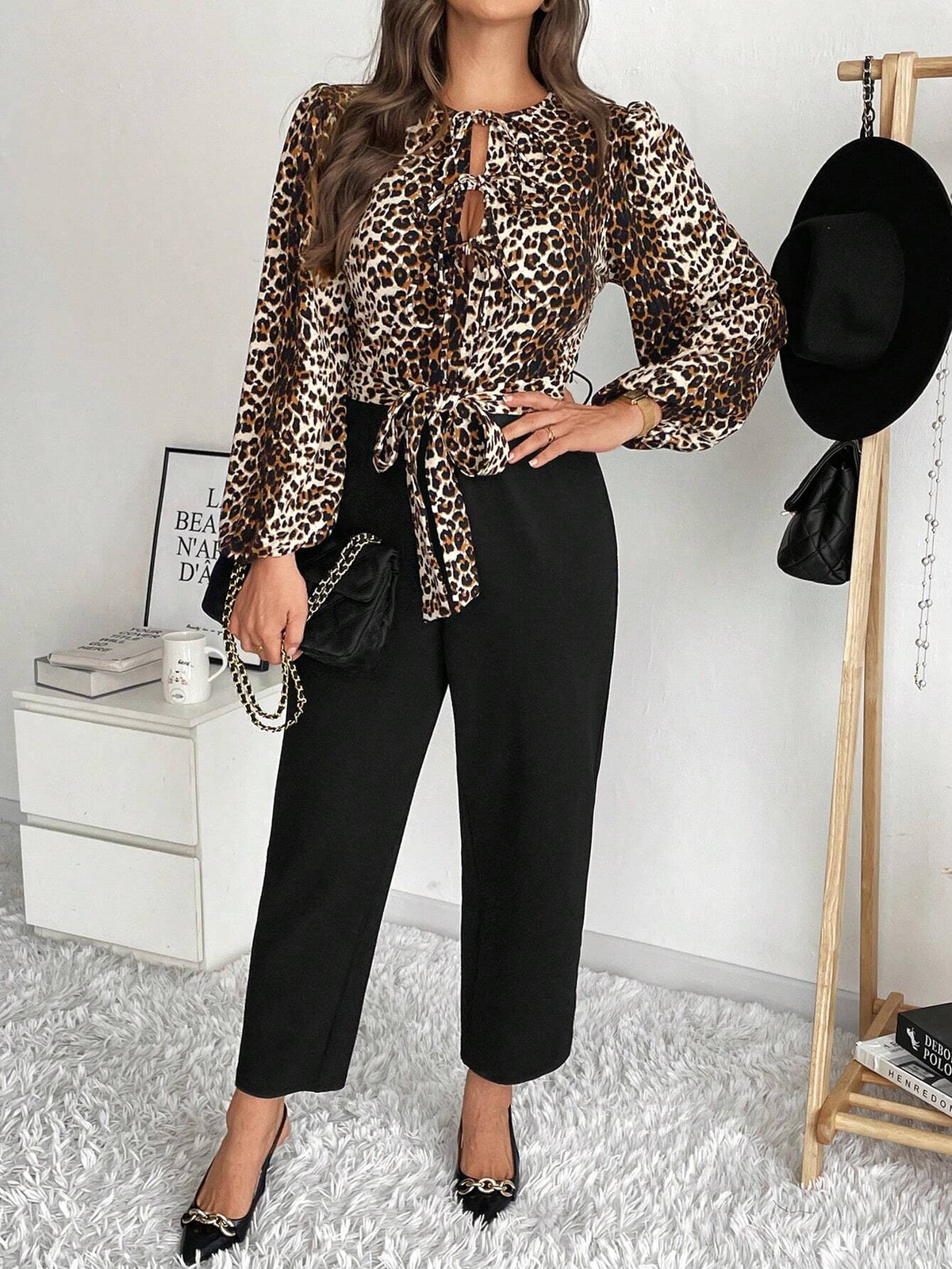 Taglia comode Donne Elegante Tuta con stampa leopardata, maniche a lanterna, nodo frontale e vita regolabile, adatta per primavera/autunno
