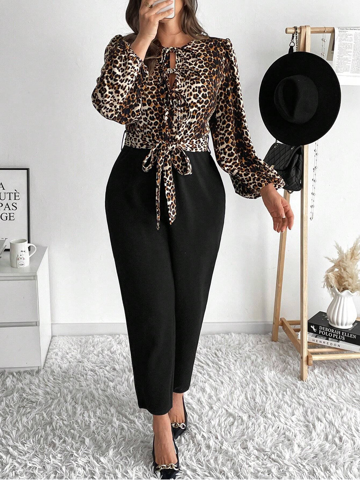 Taglia comode Donne Elegante Tuta con stampa leopardata, maniche a lanterna, nodo frontale e vita regolabile, adatta per primavera/autunno