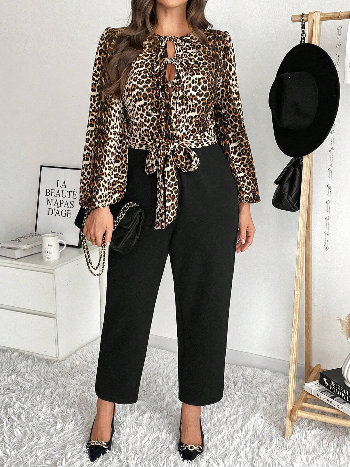Taglia comode Donne Elegante Tuta con stampa leopardata, maniche a lanterna, nodo frontale e vita regolabile, adatta per primavera/autunno